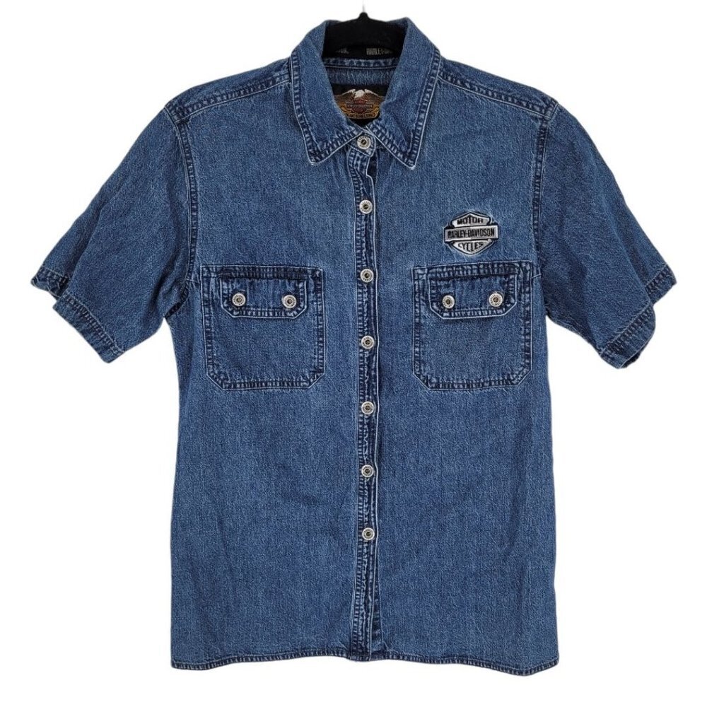 Harley davidson womens Small Med Blue denim button up embroidered short sleeve